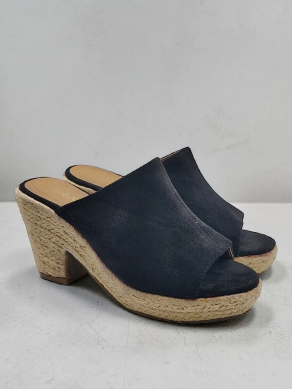 Bella Marie Black Suede Open-Toe Espadrille Slide Size 7.5